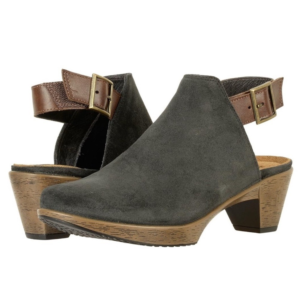 NAOT Upgrade Slingback Wood Heel Clog Grey Suede Sz 41 Minimalist Office Comfort